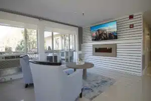 Two chairs facing a TV at Marin Post Acute